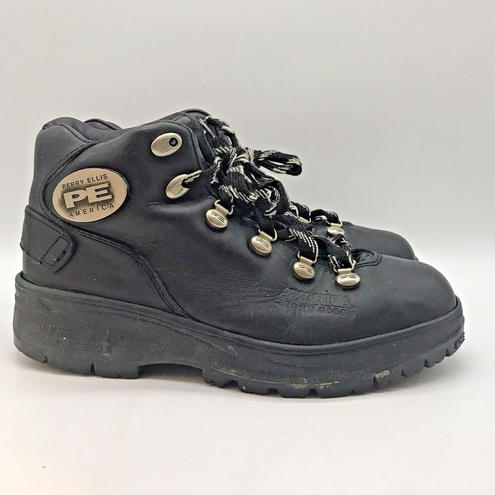 Perry Ellis America Buckle Up Hiking Boots Men's 10 Black Leather Lace Up Shoes